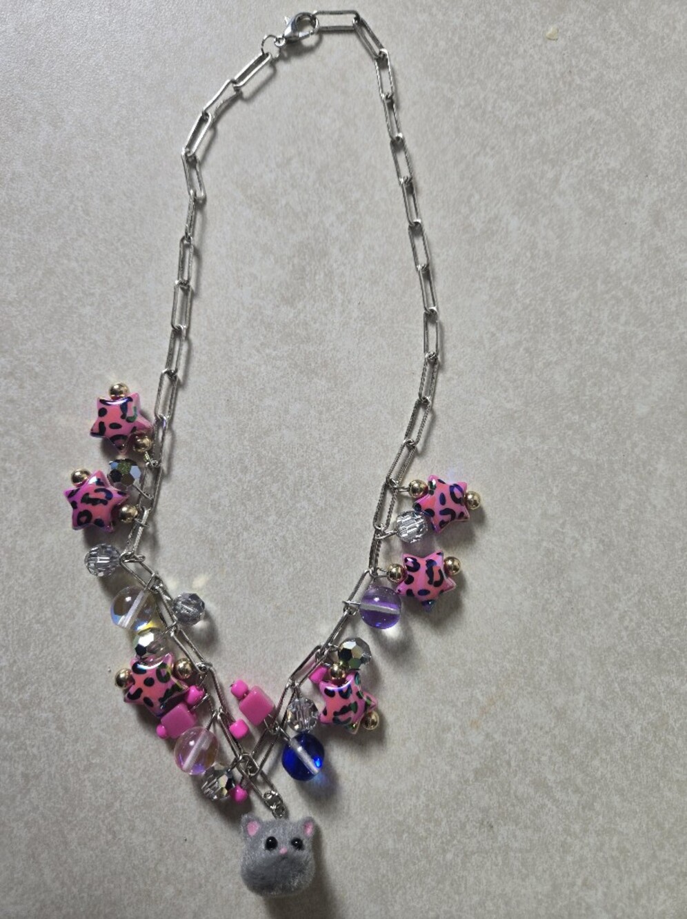 Pink Leopard Charm Necklace with Gray Cat Pendant